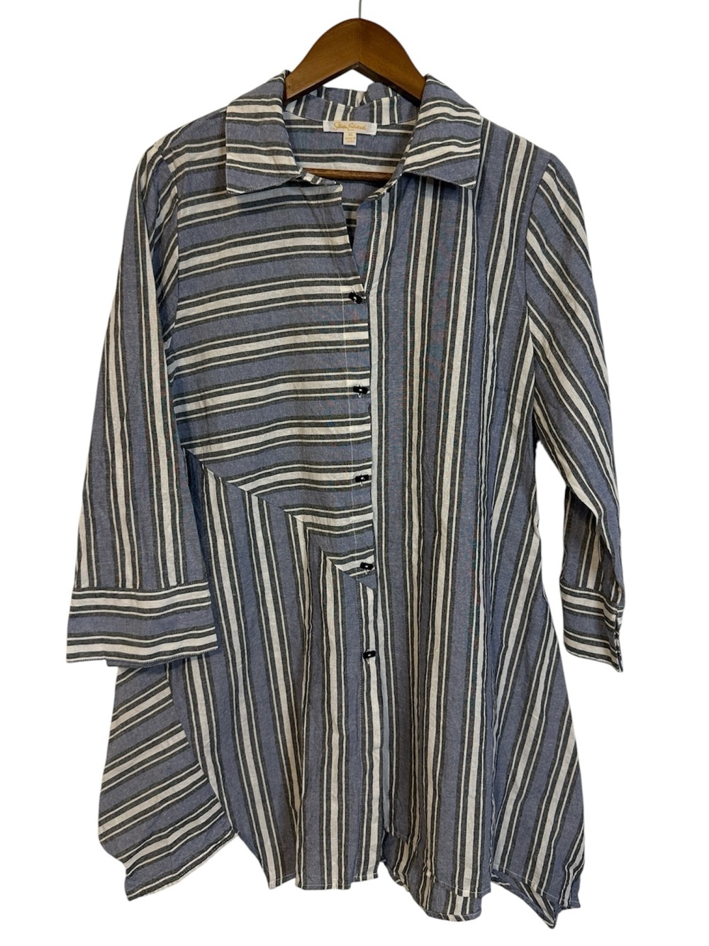 Striped Long Sleeve Collared Button Down Tunic Sharkbite Hem Denim Cotton XL